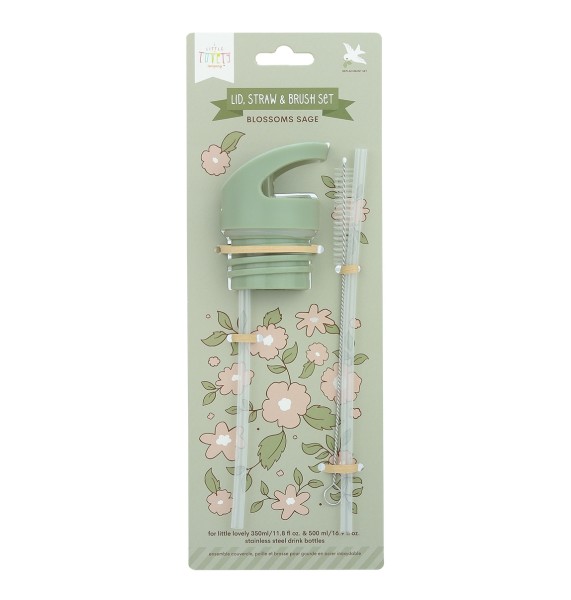 Set Trinkkappe/Trinkhalm/Reinigungsbürste f. Edelstahlfl. / Blüten / Salbeigrün