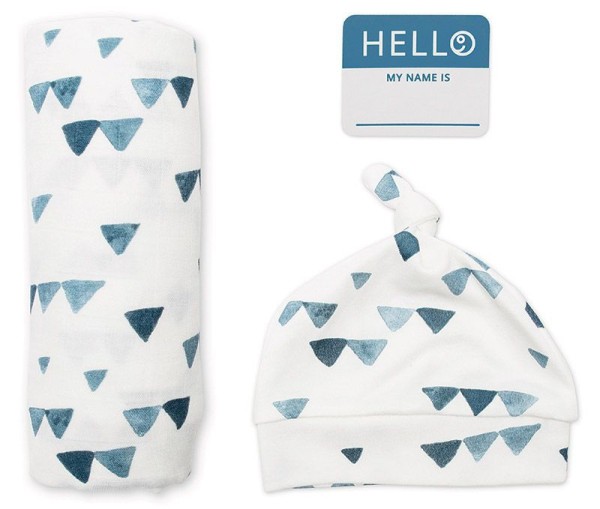 Set Mützchen + Mulltuch + Fotosticker / Baumwolle / Triangle Blue