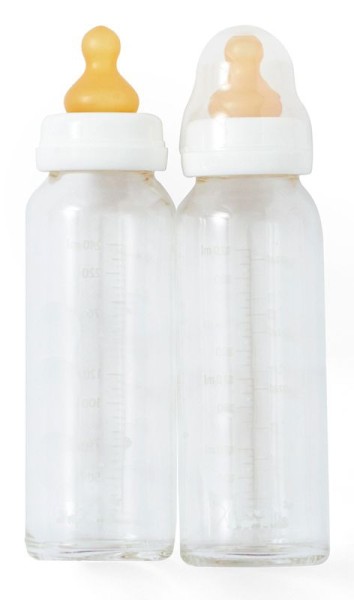 HEVEA Babyfläschchen aus Glas / Weiß (240 ml) + Trinksauger - Naturkautschuk / 2er Pack