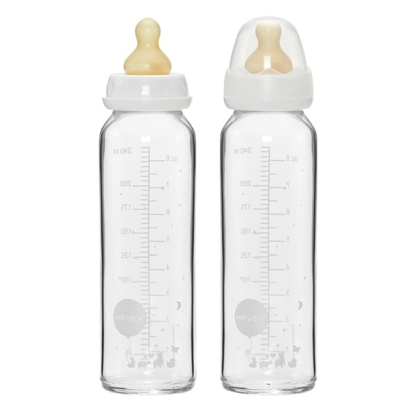 Babyfläschchen aus Glas / Weiß (240 ml) + Trinksauger - Naturkautschuk / 2er Pack