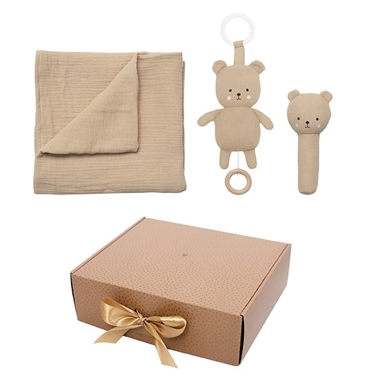 Geschenkset mit Babydecke/Spieluhr/Rassel Teddy / Braun