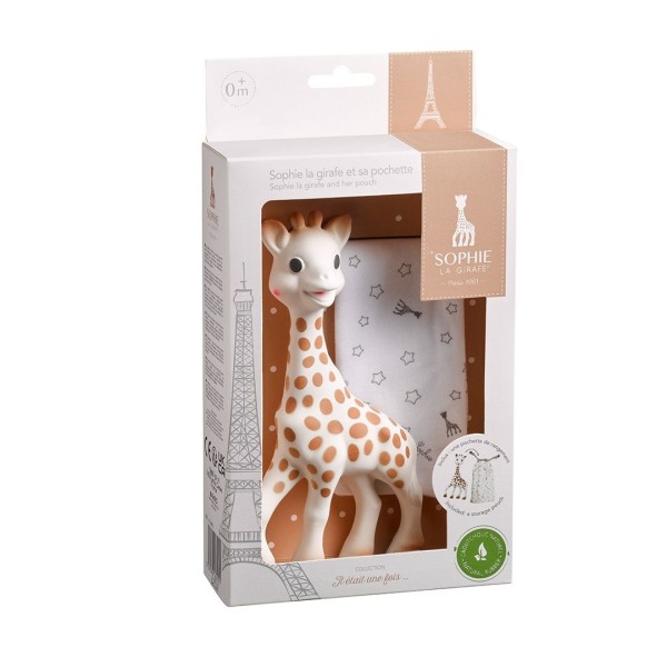 Sophie la girafe® im Stoffbeutelchen (Geschenkkarton weiß) / Naturkautschuk u. Baumwolle