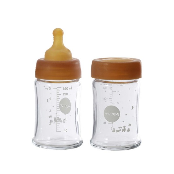 Babyfläschchen aus Glas / weiter Hals (150 ml) +  Trinksauger u. Schutzkappe - Naturkautschuk / 2er Pack