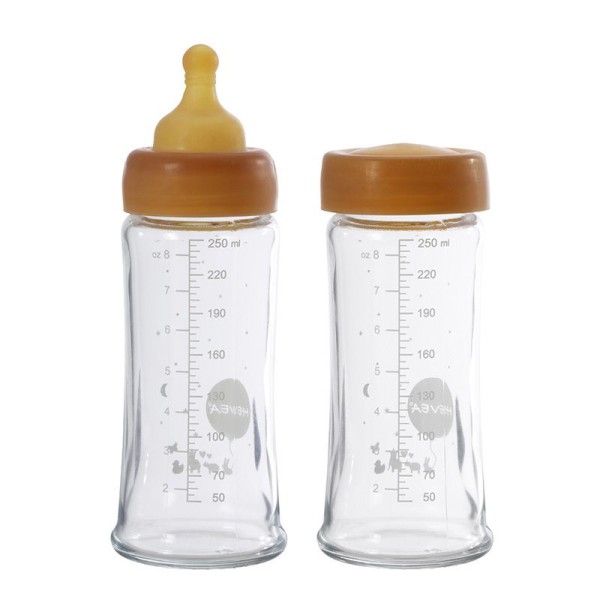 Babyfläschchen aus Glas / weiter Hals (250 ml) +  Trinksauger u. Schutzkappe - Naturkautschuk / 2er Pack