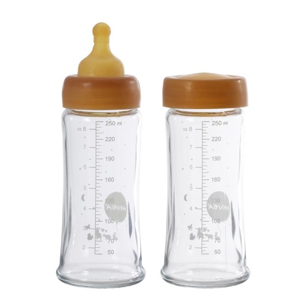 Babyfläschchen aus Glas / weiter Hals (250 ml) +  Trinksauger u. Schutzkappe - Naturkautschuk / 2er Pack