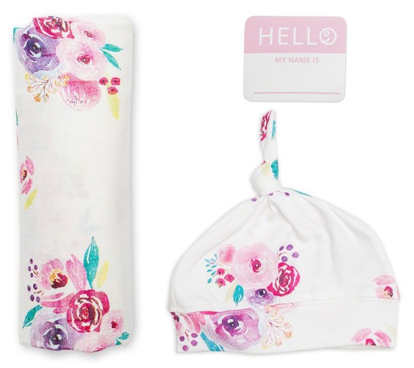 Set Mützchen + Mulltuch + Fotosticker / Baumwolle / Posies